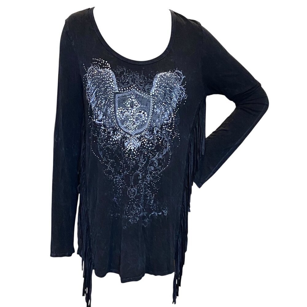 VOCAL Black Fringed Tunic Top Rhinestone Bead Angel Wings L #231P